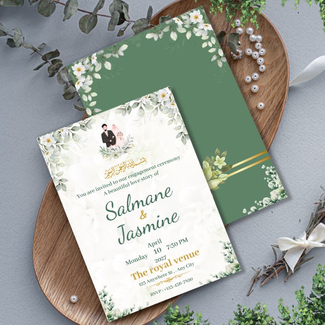 Convite Cerimônia Islâmica de Engajamento Floral Verde Muç (Criador carregado)