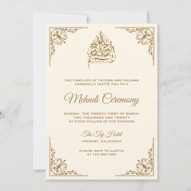 Convite Cerimônia Islâmica de Mehndi em Creme e Dourado (Frente)