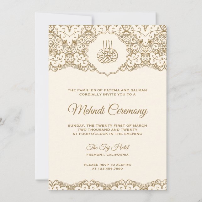 Convite Cerimônia Islâmica de Mehndi em Creme e Renda Dour (Frente)