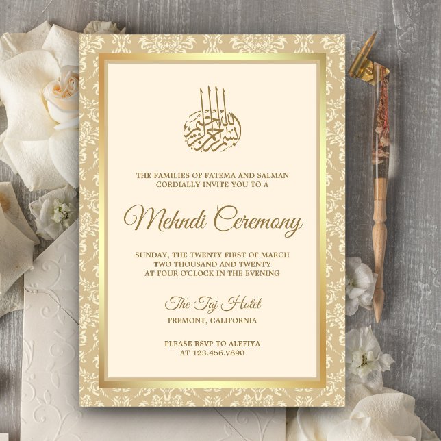 Convite Cerimônia Islâmica de Mehndi em Damasco Creme e Do (Criador carregado)