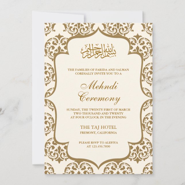 Convite Cerimônia Islâmica de Mehndi em Damasco Creme e Do (Frente)
