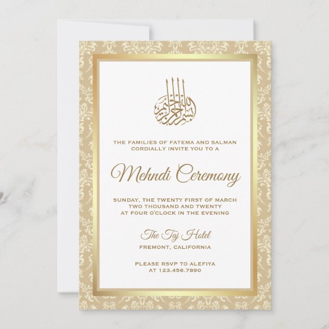 Convite Cerimônia Islâmica de Mehndi em Damasco Dourado e  (Frente)