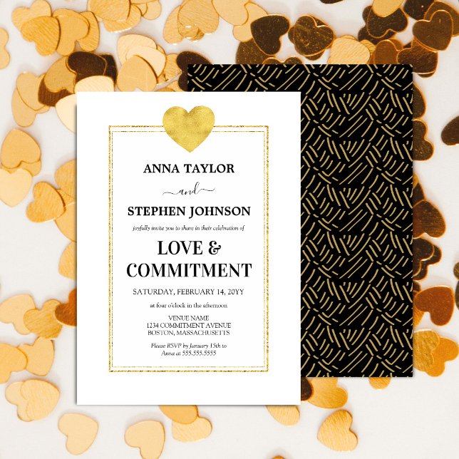 Convite Cerimônia Lux Dourada de Amor e Compromisso (Faux gold foil look commitment ceremony invitation front and back view.)