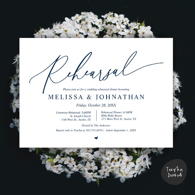 Convite Cerimônia Romântica de Casamento e Ensaio de Janto (Romantic Wedding Ceremony and Dinner Rehearsal Invitation Card, PDF, Navy Blue)