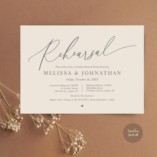 Convite Cerimônia Romântica de Casamento e Ensaio de Janto (Romantic Wedding Ceremony and Dinner Rehearsal Invitation Card, PDF, Cream Grey)