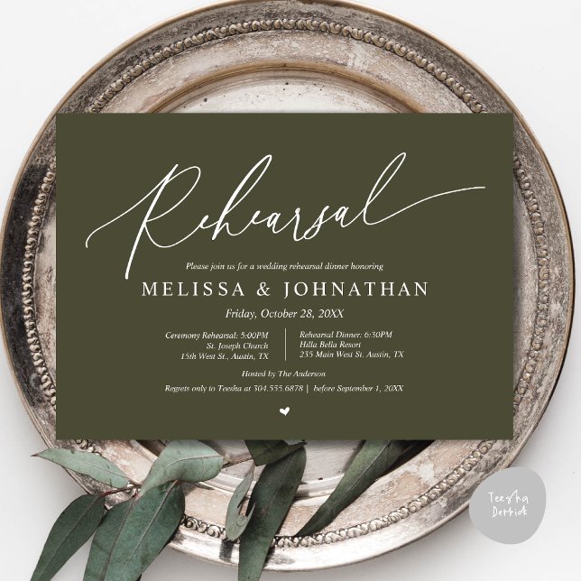 Convite Cerimônia Romântica de Casamento e Ensaio de Janto (Romantic Wedding Ceremony and Dinner Rehearsal Invitation Card, PDF, Olive Green)