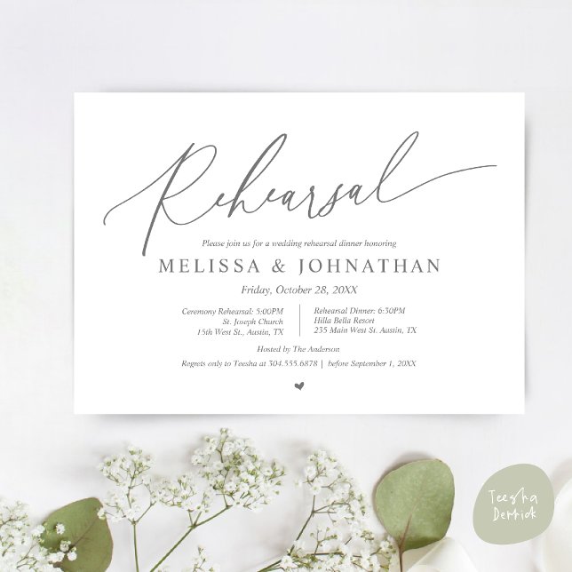 Convite Cerimônia Romântica de Casamento e Ensaio de Janto (Romantic Wedding Ceremony and Dinner Rehearsal Invitation Card, PDF, Dark Grey)