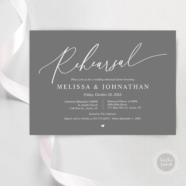 Convite Cerimônia Romântica de Casamento e Ensaio de Janto (Romantic Wedding Ceremony and Dinner Rehearsal Invitation Card, PDF, Dark Grey)