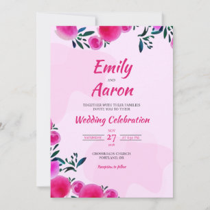 Convite Cerise Peony Casamento Floral Romântico em Aquarel