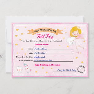 Convite Certificado da Fada do Dente - Recibo de Dente Per