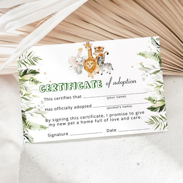 Convite Certificado de Adoção de Animais Selvagens Safari (Criador carregado)