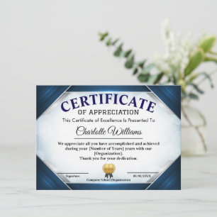 Convite Certificado de Apreciação Azul Profissional