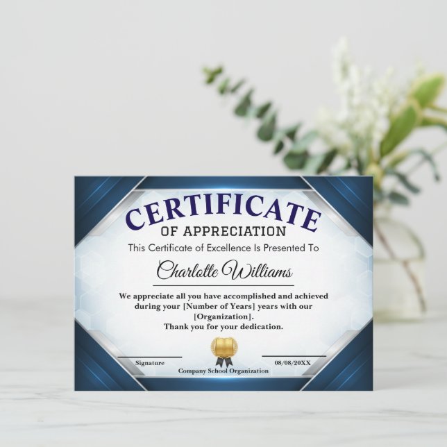 Convite Certificado de Apreciação Azul Profissional (Em pé/Frente)