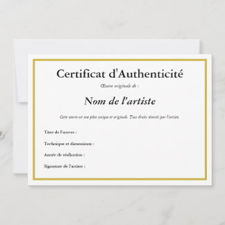 Convite Certificado de autenticidade francês para arte
