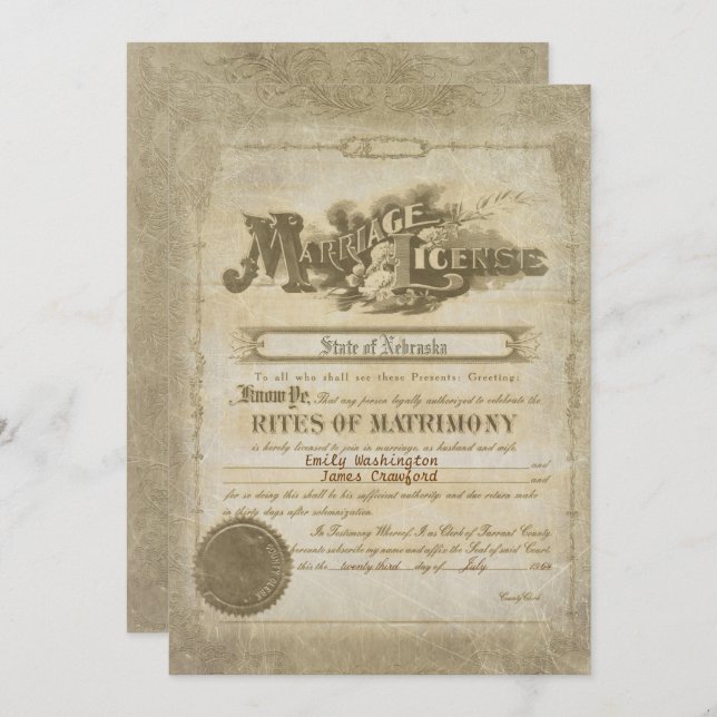 Convite Certificado de casamento vintage (Frente/Verso)