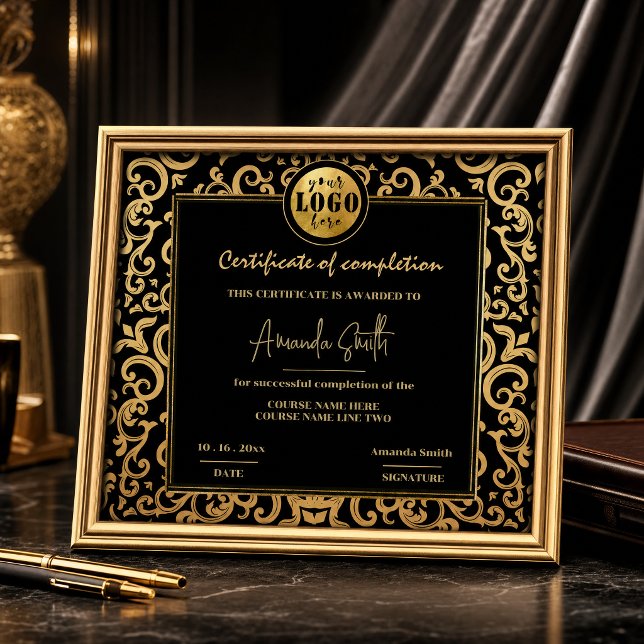 Convite Certificado de Conclusão de Quadro de Ouro de Luxo (#certificate #blackandgold #elegantframe #addlogo #luxurycertificate #classicframe #dicorativeframe)