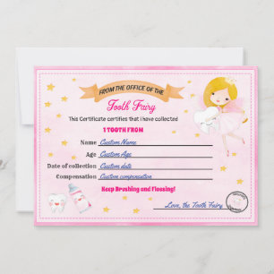 Convite Certificado de fada dentária Recebimento de dente
