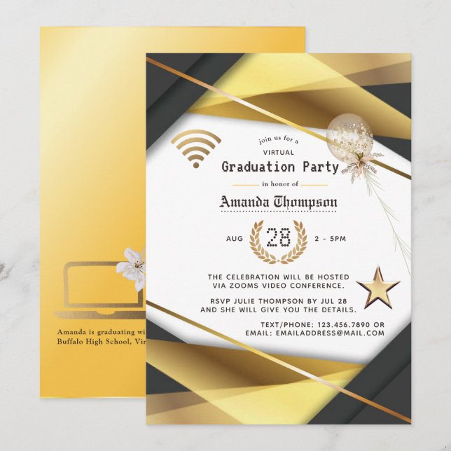 Convite Certificado de Festa de Graduação Virtual Elegante (Frente/Verso)