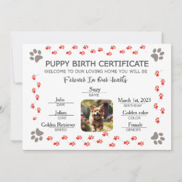 Convite Certificado de Nascimento de Puppy Personalizado