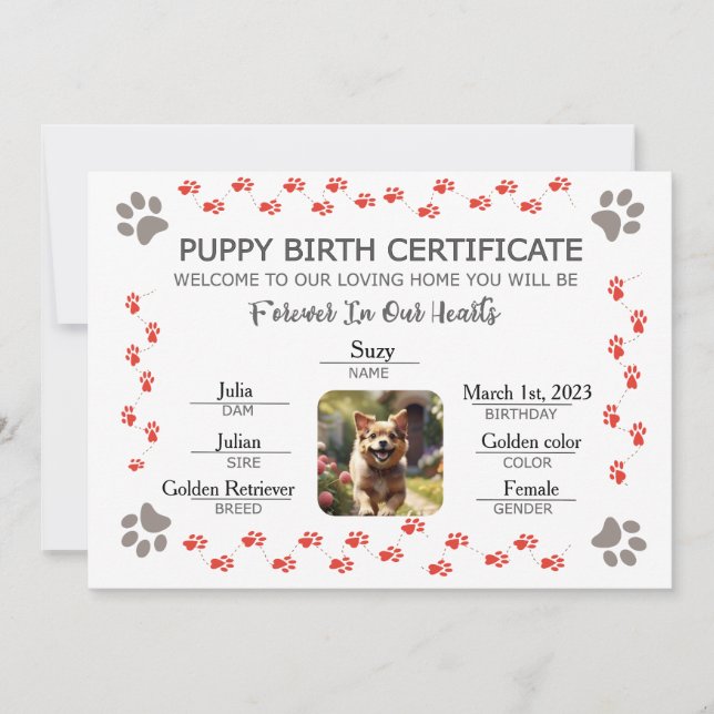 Convite Certificado de Nascimento de Puppy Personalizado (Frente)