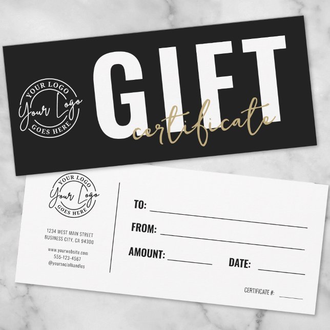 Convite Certificado de Presente Empresarial Preto Dourado  (Logo Modern Black Gold Business Gift Certificate Invitation)