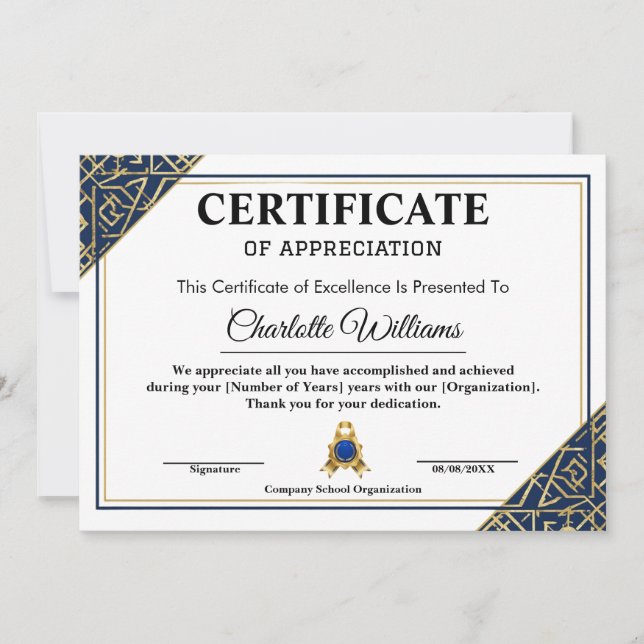 Convite Certificado de Reconhecimento de Funcionário Azul  (Frente)