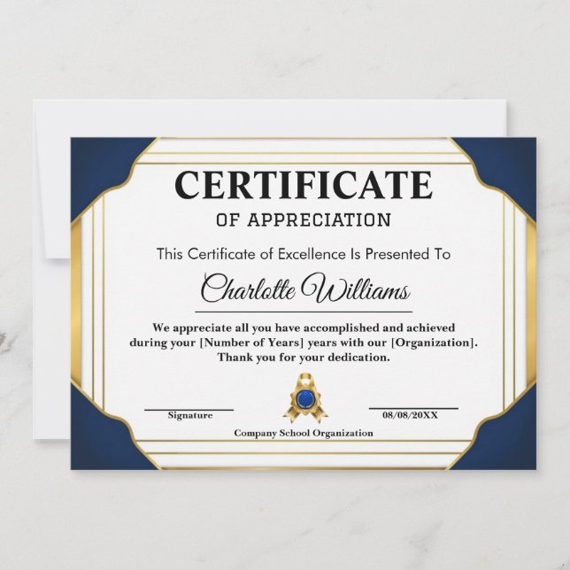 Convite Certificado de Reconhecimento de Funcionário Azul  (Frente)