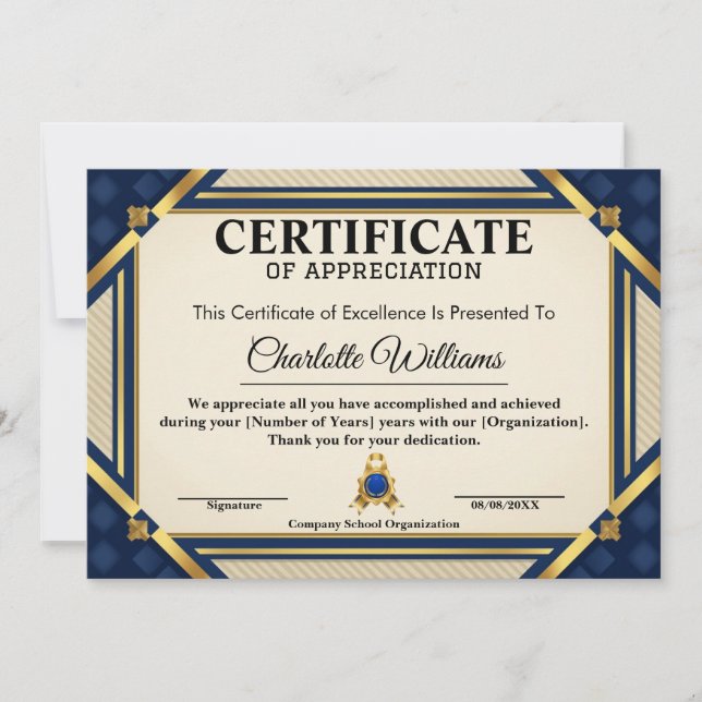 Convite Certificado de Reconhecimento de Funcionário Azul  (Frente)