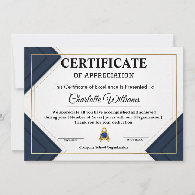 Convite Certificado de Reconhecimento de Funcionário Azul  (Frente)