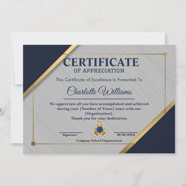Convite Certificado de Reconhecimento de Funcionário Azul  (Frente)