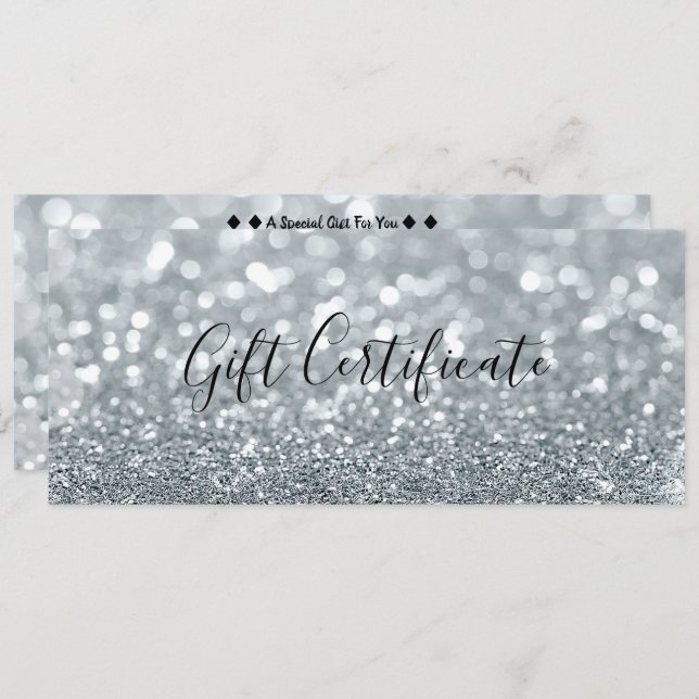Convite Certificado Glitter Glitter Glam de Prata Branca (Frente/Verso)