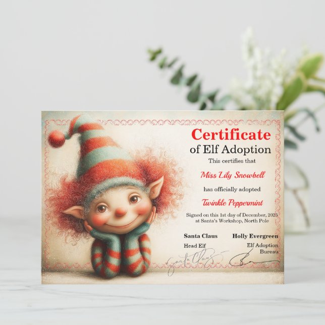 Convite Certificado Oficial de Adoção de Elfo do Polo Nort (Em pé/Frente)