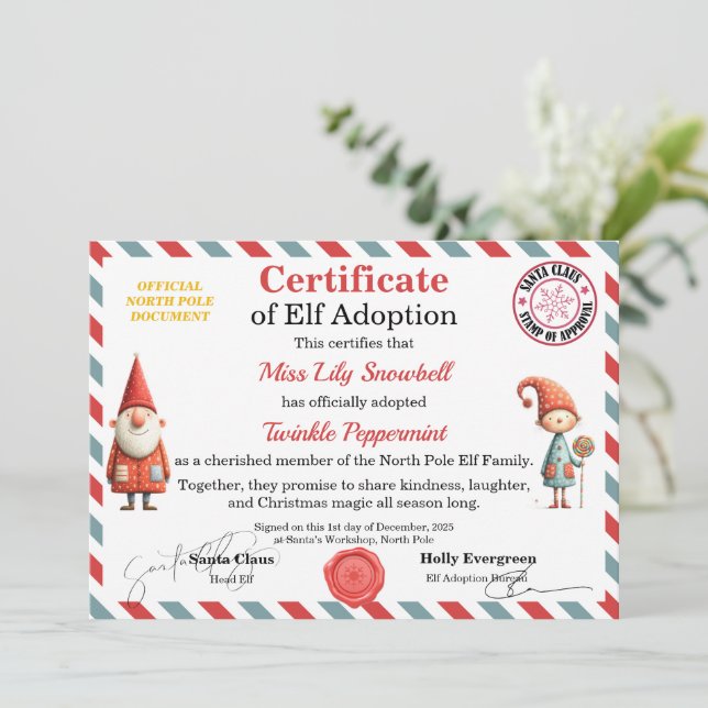 Convite Certificado Oficial de Adoção de Elfo do Polo Nort (Em pé/Frente)