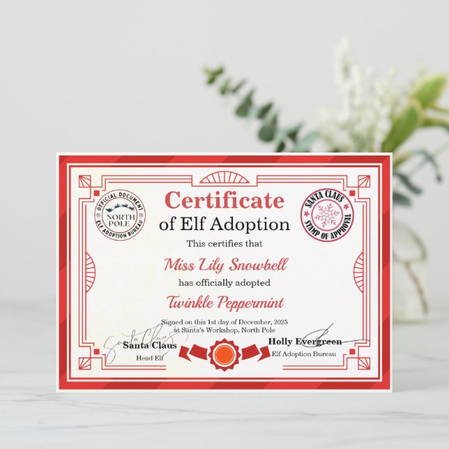 Convite Certificado Oficial de Adoção de Elfo do Polo Nort (Em pé/Frente)