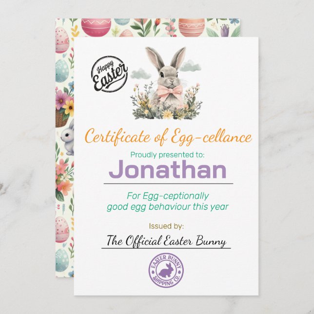 Convite Certificado Personalizado de Ovos de Páscoa para C (Frente/Verso)