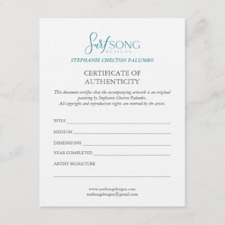 Convite Certificate of Authenticity For Artwork