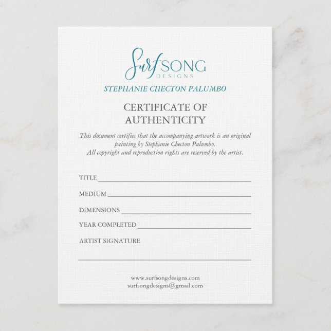 Convite Certificate of Authenticity For Artwork (Frente)