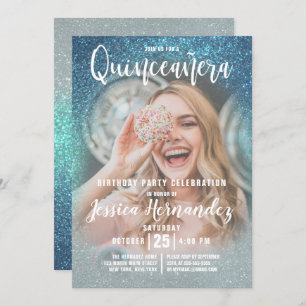 Convite Cerulean Blue Triple Glitter Photo Quinceañera