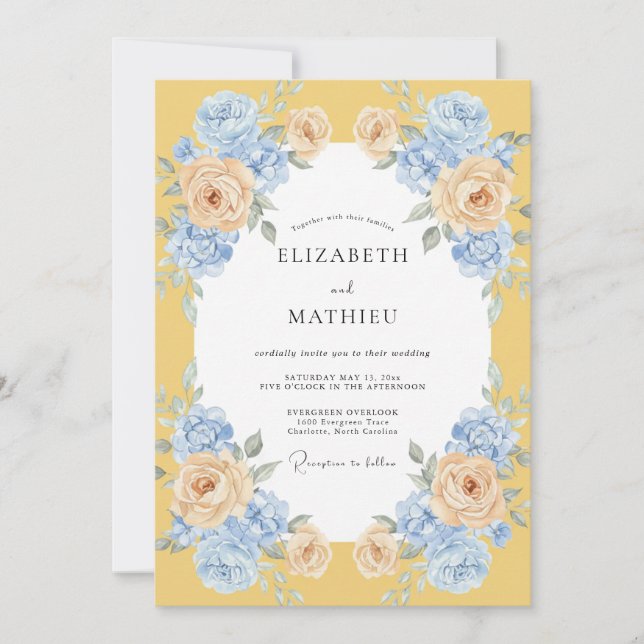 Convite Cerúleo Pétala de Ouro Casamento (Frente)
