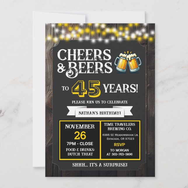 Convite Cervejaria Surprise comemora 45 anos com Cheers e  (Frente)