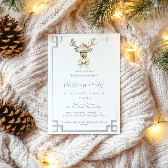 Convite Cervo com Chapéu de Papai Noel Natal Rústico Count (Deer with Santa Hat Country Christmas Invitation)