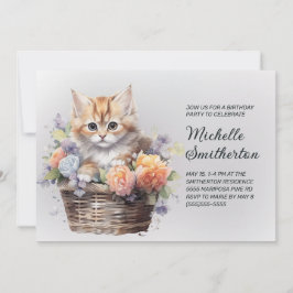 Convite Cesta de Flores de Gatinho Amarelo Aniversário Fem