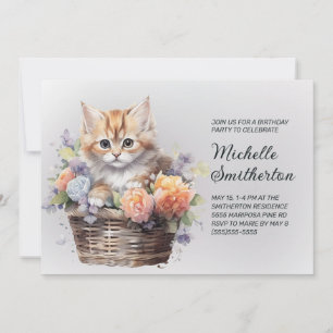 Convite Cesta de Flores de Gatinho Amarelo Aniversário Fem