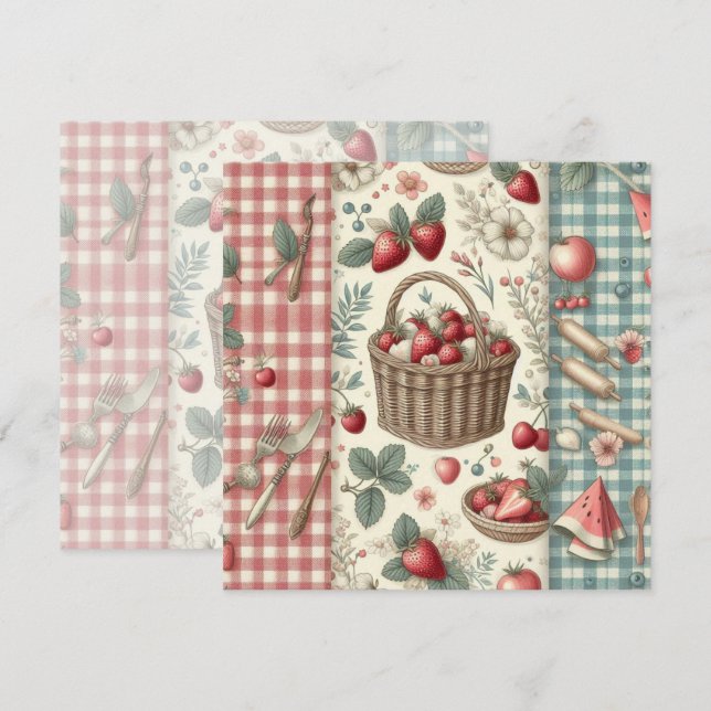 Convite Cesta de Frutas Gingham Diversão (Frente/Verso)