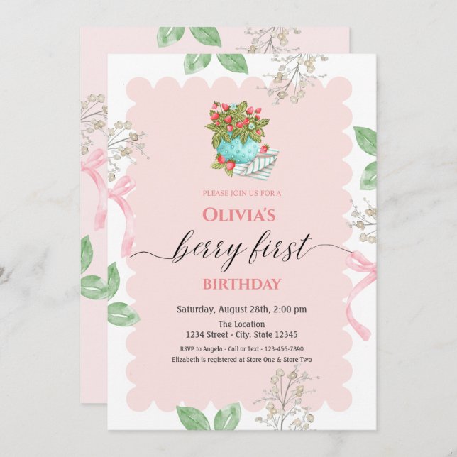 Convite Cesta de Morango em Aquarela Aniversário de 1 ano  (Frente/Verso)