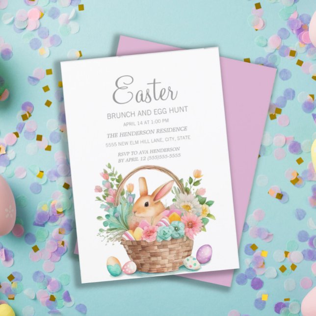 Convite Cesta de Páscoa Elegante para Café da Manhã com Co (Easter bunny in basket Easter greeting card.)