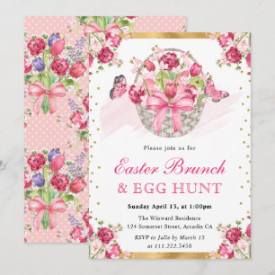 Convite Cesta Floral Rosa e Borboletas Brunch de Páscoa