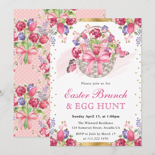 Convite Cesta Floral Rosa e Borboletas Brunch de Páscoa (Frente/Verso)