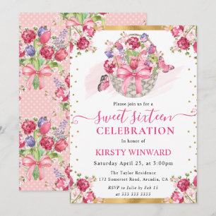 Convite Cesta Floral Rosa e Borboletas Sweet Sixteen