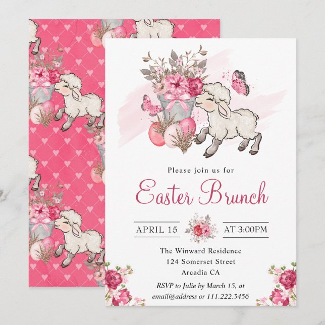 Convite Cesta Floral Rosa e Cordeirinho Fofo Brunch de Pás (Frente/Verso)